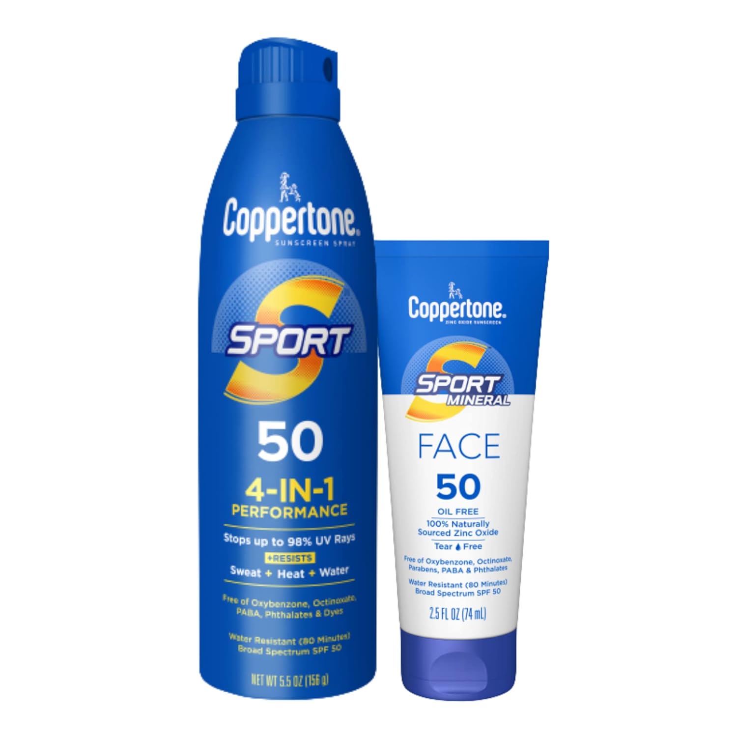 Coppertone SPORT Sunscreen Spray + Face Sunscreen SPF 50, Water Resistant Sunscreen Pack, Spray Sunscreen and Facial Sunscreen Lotion (5.5 Oz Spray + 2.5 Fl Oz Tube Bundle)
