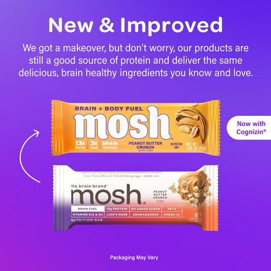 Mosh Peanut Butter Crunch Keto Protein Bars, High Protein, Gluten Free, Brain Healthy Snack With Ashwagandha And Lions Mane, 12 Count