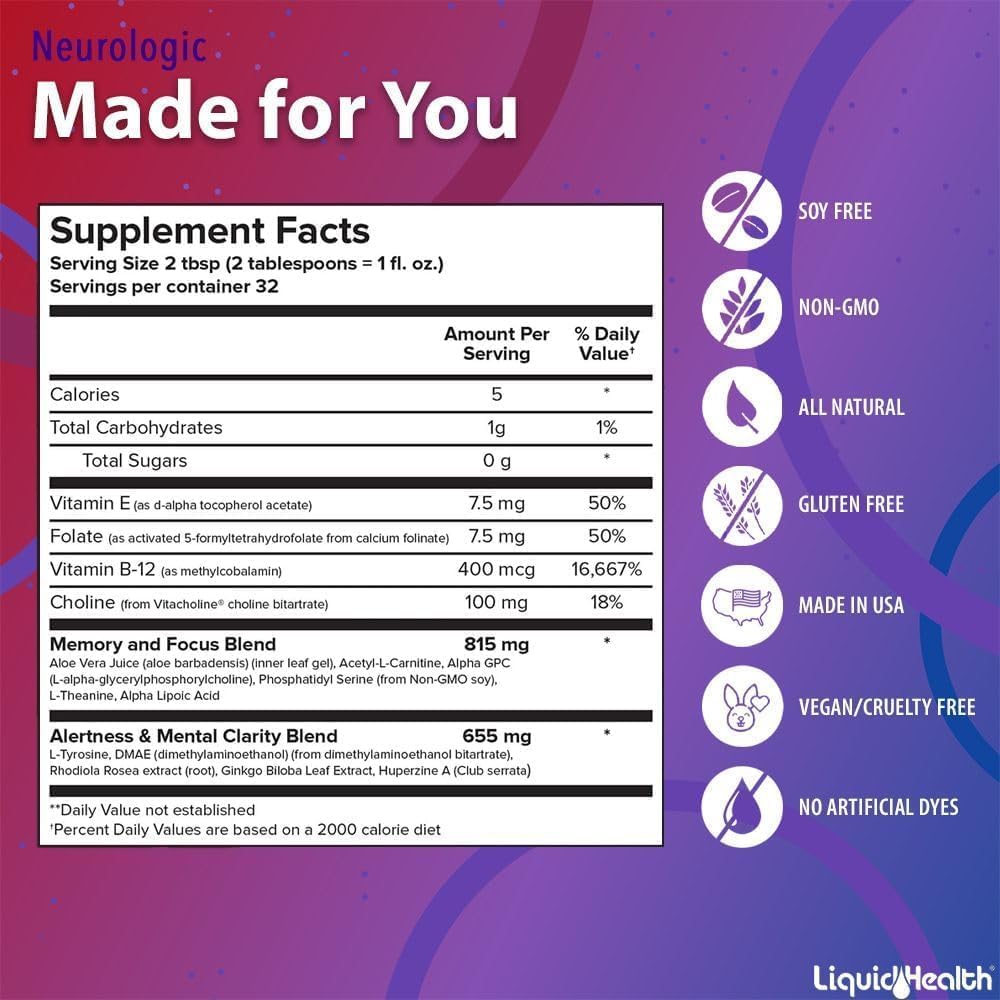 LIQUIDHEALTH 32 Oz Liquid Neurologic Focus Supplement, Nootropic for Cognitive Function, Brain Supplement for Memory & Focus, Brain Booster, Ginkgo Biloba, Choline, L-Theanine (3 Pack) : Health & Household