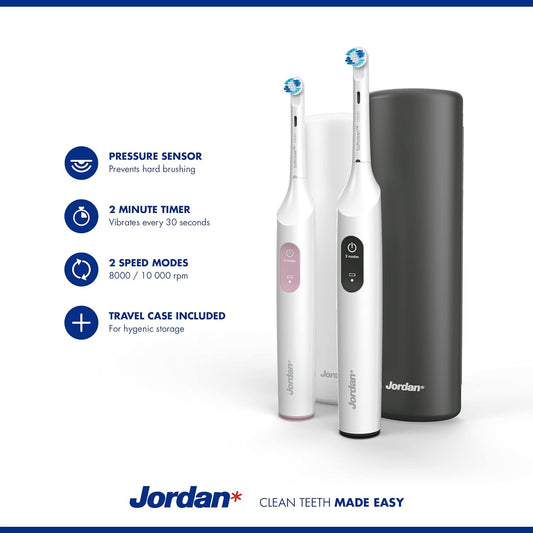 Jordan ® | Clean Smile Electric Toothbrush | Rechargeable Electric Toothbrush With Quick Charge, Long-Lasting Battery, Pressure Sensor, 2 Speed Modes | Includes Travel Case | Black