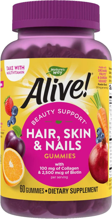 Nature'S Way Alive! Hair, Skin & Nails Gummies, With Biotin And Collagen, Beauty Support*, 60 Strawberry Avored Gummies