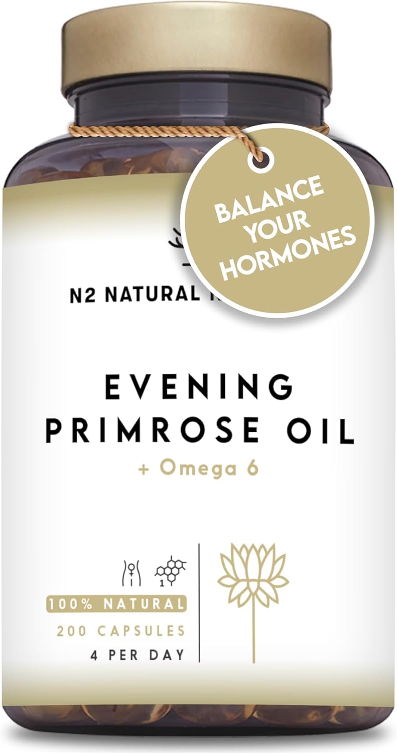 Evening Primrose Oil 2000 Mg Per Dose, Gla Omega 6 200Mg + Vitamin E. 200 High Strength Softgels, Easy Swallow, Cold Pressed. Menopause, Skin And Nails Care. Made In Eu. N2 Natural Nutrition