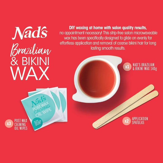 Nad'S Brazilian & Bikini Wax Kit, Strip Free Hard Wax, Intimate Waxing Kit, Includes 3 Wooden Spatulas, 3 X Oil Wipes & Hot Wax 140G