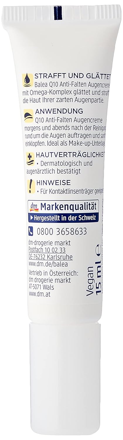 Anti-Wrinkle Eye Cream Q10 With Omega Complex - Perfume-Free, Peg-Free, Vegan, Not Tested On Animals - 15 Ml By Balea