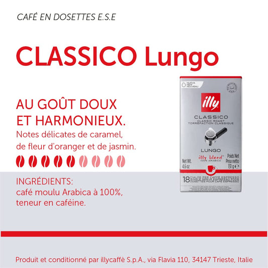 Illy E.S.E. Coffee - Single-Serve Coffee Capsules & Pods - Classico Lungo Medium Roast - Notes Of Caramel, Orange Blossom & Jasmine - For E.S.E Coffee Machines - Extraordinary Aroma & Body – 18 Count