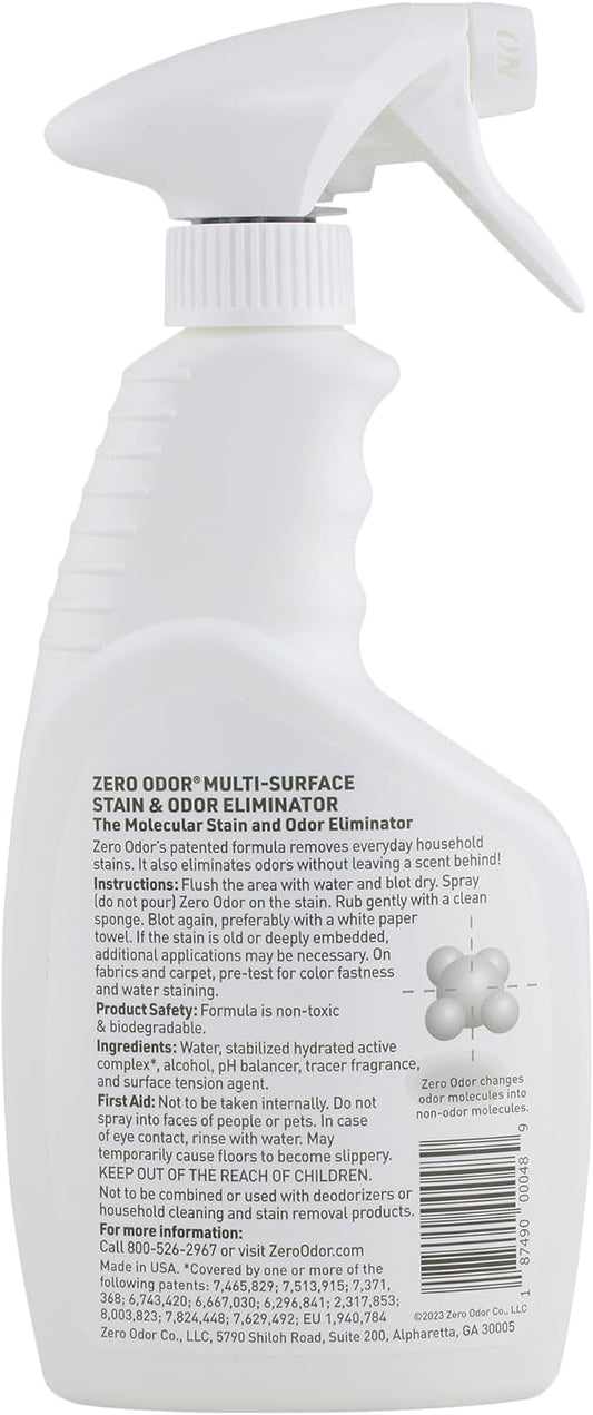Zero Odor – Multi-Surface Stain Remover & Odor Eliminator - Remove Stains and Odor Patented Molecular Technology Best for Carpet, Rug, Linens, Furniture, Floors, 16oz