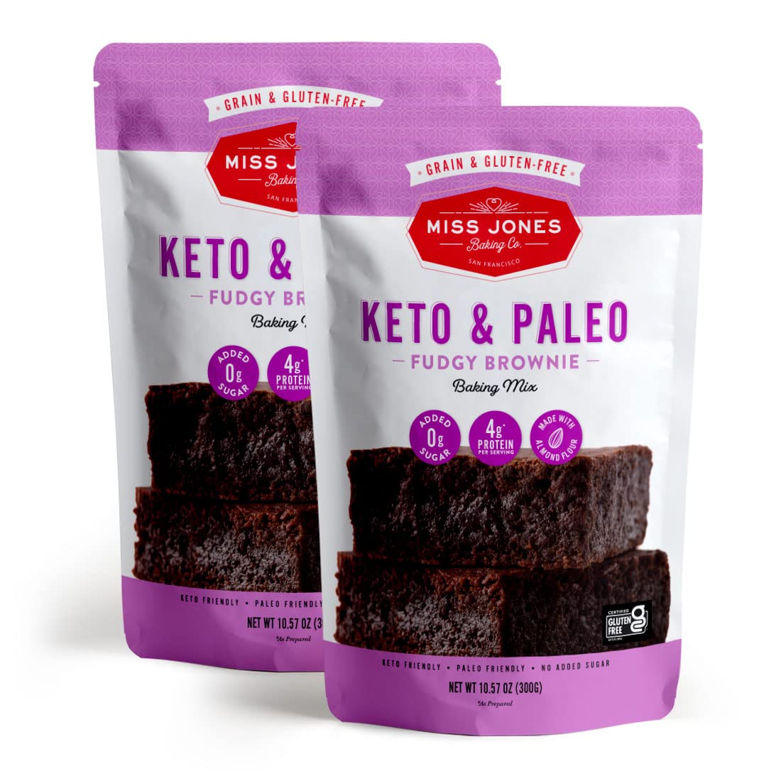 Miss Jones Baking Keto Brownie Mix - Gluten Free, Low Carb, No Sugar Added, Naturally Sweetened Desserts & Treats - Diabetic, Atkins, WW, Paleo Friendly, 2 Count