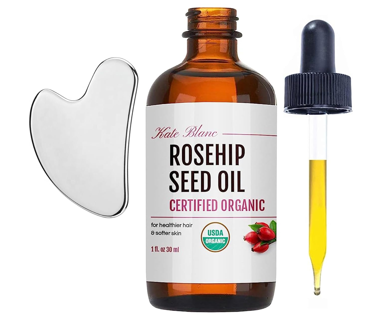 Kate Blanc Cosmetics Rosehip Oil For Face With Stainless Gua Sha (1Oz, Organic, Pure, Cold Pressed) Rosehip Seed Face Oil For Gua Sha Massage
