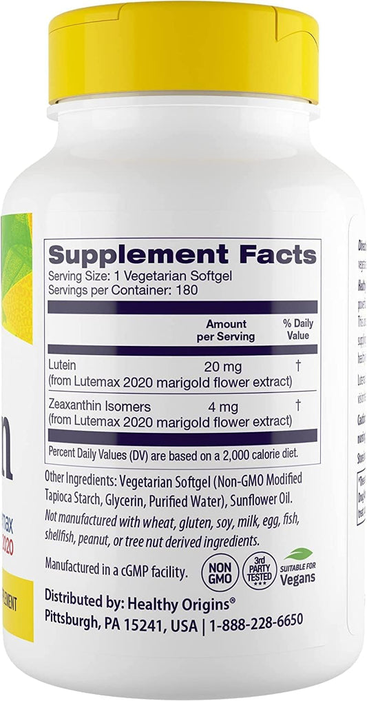 Healthy Origins Lutein (Lutemax 2020), 20 mg - for Healthy Vision & Eye Health - Supplement with Zeaxanthin - Vegan, Non-GMO & Gluten-Free Supplement - 180 Veggie Gels
