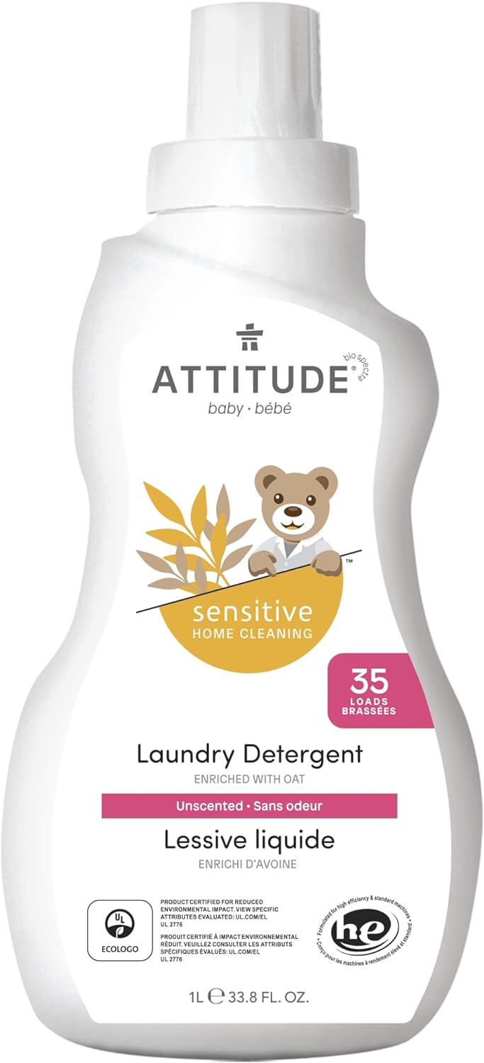 ATTITUDE Baby Laundry Detergent Liquid, EWG Verified, Safe for Baby Clothes, Infant and Newborn, Vegan and Naturally Derived Washing Soap, HE Compatible, Unscented, 33.8 Fl Oz, 35 Loads