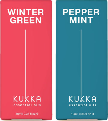 Wintergreen Essential Oil For Body Comfort & Peppermint Oil For Hair Set - 100% Natural Aromatherapy Grade Essential Oils Set - 2X0.34 Fl Oz - Kukka