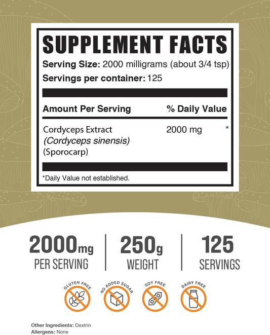 BulkSupplements.com Cordyceps Mushroom Extract Powder - Cordyceps Powder, from Cordyceps Sinensis - Cordyceps Extract, Gluten Free - 2000mg per Serving, 250g (8.8 oz) (Pack of 1)