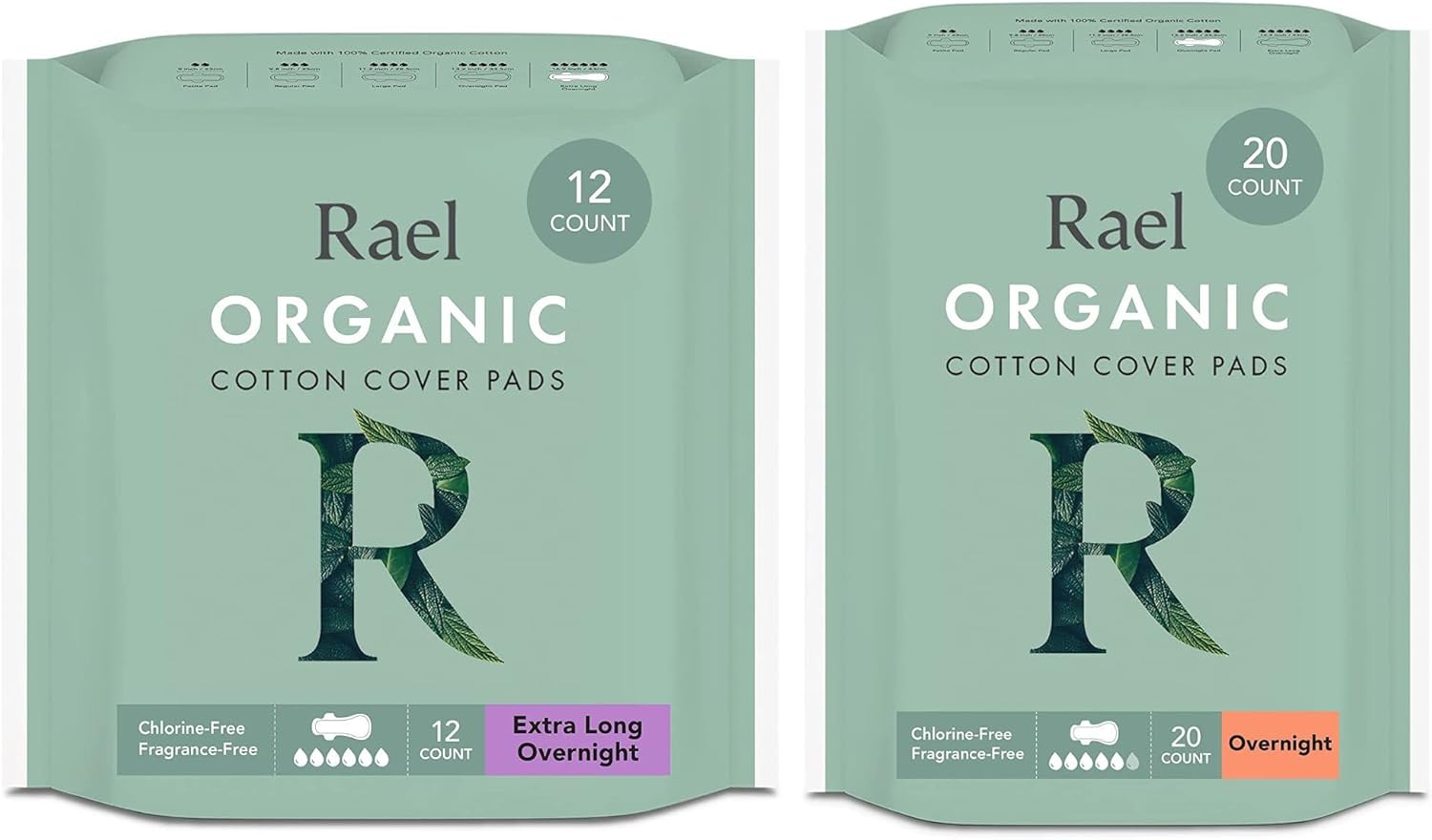Rael Sanitary Pads For Women Overnight Bundle - Feminine Care, Unscented, Chlorine Free, Organic Cotton Cover Period Pads With Wings/Overnight (20 Count) & Extra Long Overnight (12 Count)