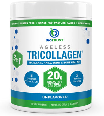 Biotrust Tri Collagen Powder - 3-In-1 Hydrolyzed Collagen Peptides Powder (Types I, Ii, & Iii) - Grass Fed Collagen Protein Powder For Anti Aging, Skin, Hair, Bone & Joint Health - Unflavored, 7 Oz