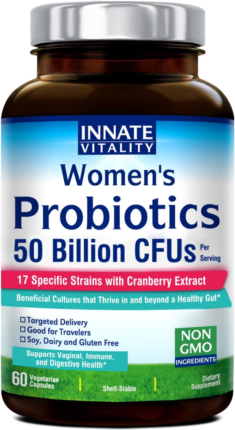 Innate Vitality Women'S Probiotics, 120 Billion Cfu, 32 Tested Strains, Probiotics For Women, Yeast Control, Vaginal Ph Support, Prebiotics, Digestive Enzymes, Cranberry, Once Daily 30 Veggie Capsules