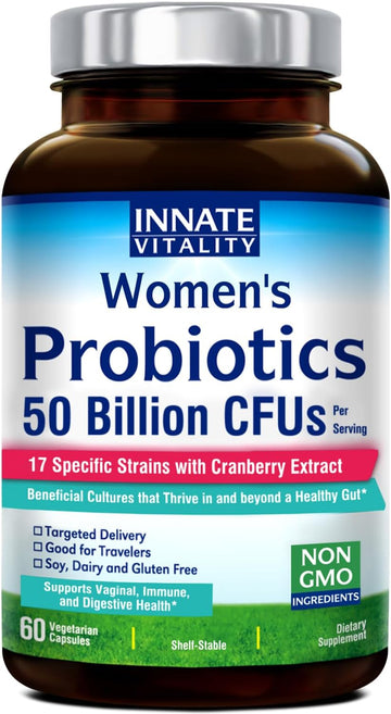 Innate Vitality Women'S Probiotics, 120 Billion Cfu, 32 Tested Strains, Probiotics For Women, Yeast Control, Vaginal Ph Support, Prebiotics, Digestive Enzymes, Cranberry, Once Daily 30 Veggie Capsules