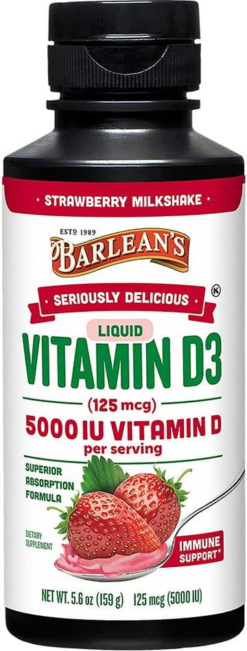 Barlean's Seriously Delicious Vitamin D3 Strawberry Milkshake ?125 mcg (5000 IUs) - Dairy-Free, Sugar-Free, Non-GMO, Gluten-Free - 5.