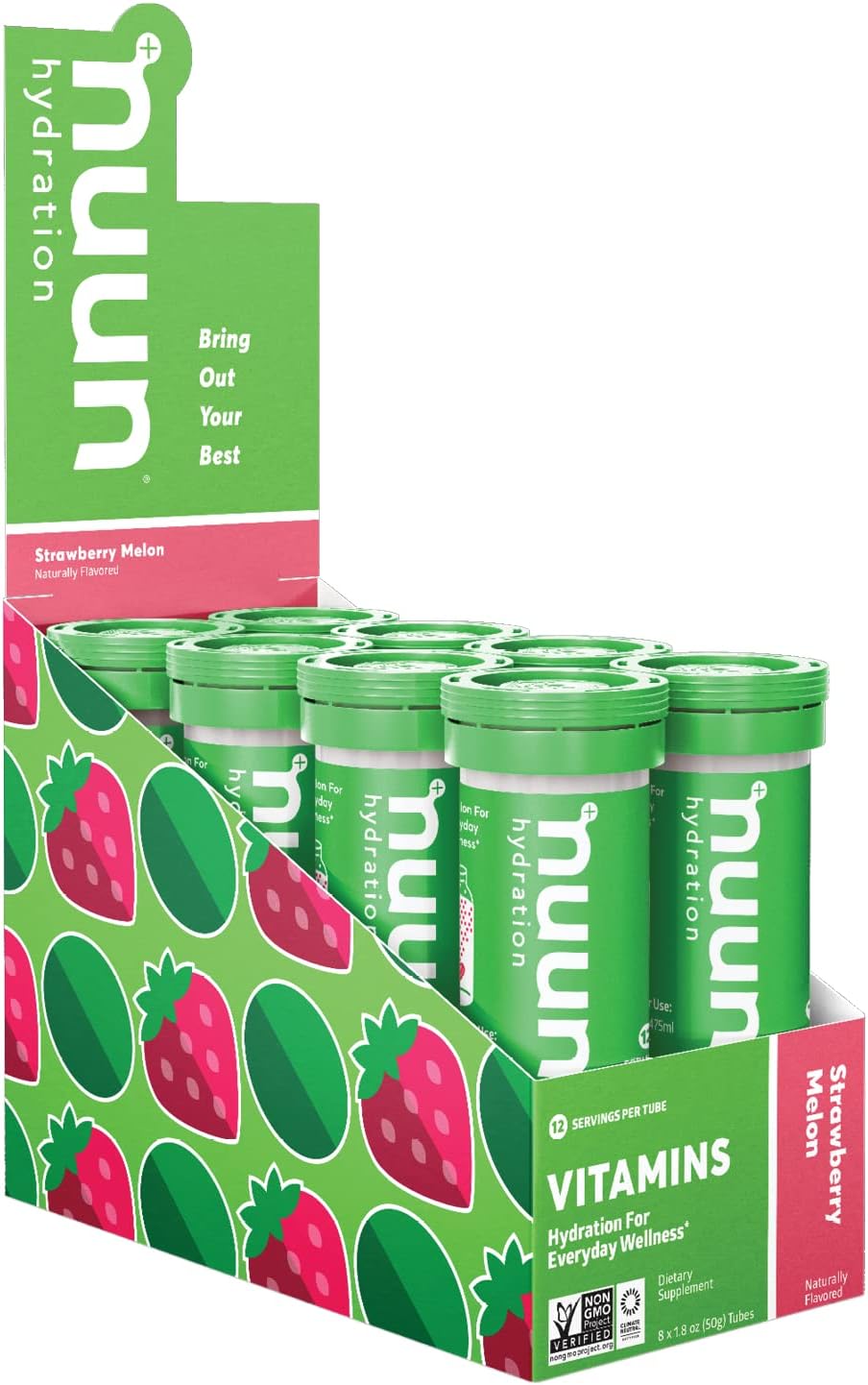 Nuun Hydration Vitamins Electrolyte Tablets + Vitamins, Strawberry Melon, 8 Pack (96 Servings)
