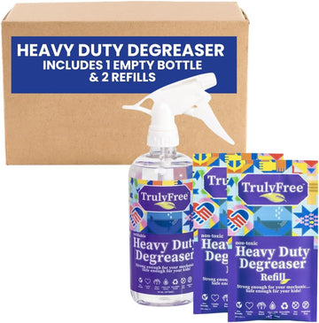 Truly Free Heavy Duty Degreaser- Grease Remover & Grime Cleaner For Kitchen, Automotive & More, Household Cleaning Supplies, Fragrance-Free, Includes 16 Oz Reusable Empty Bottle & 2 Refills (4 Oz)