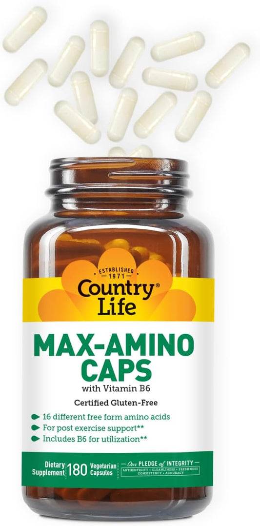 Country Life Maxi-Amino With 16 Free Form Amino Acids, 180 Vegetarian Capsules, Certified Gluten Free, Certified Vegetarian