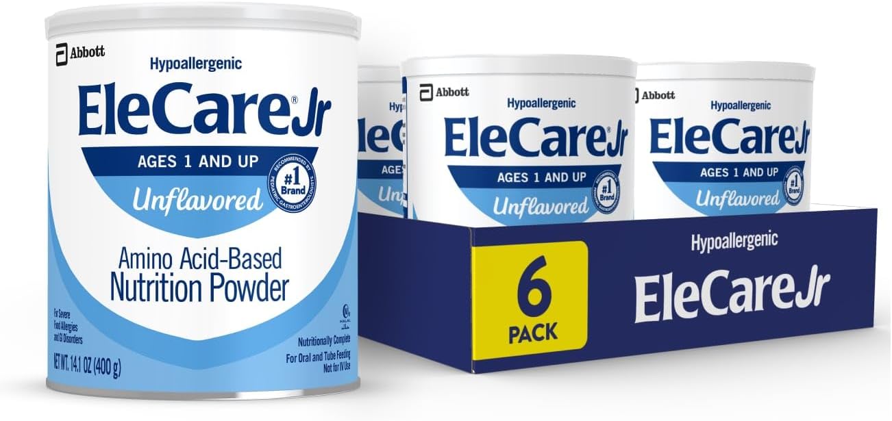 Elecare Jr Amino Acid-Based Nutrition Powder, Complete Nutrition For Ages 1 And Older With Food Allergies, Unflavored, 14.1-Oz Can, Pack Of 6