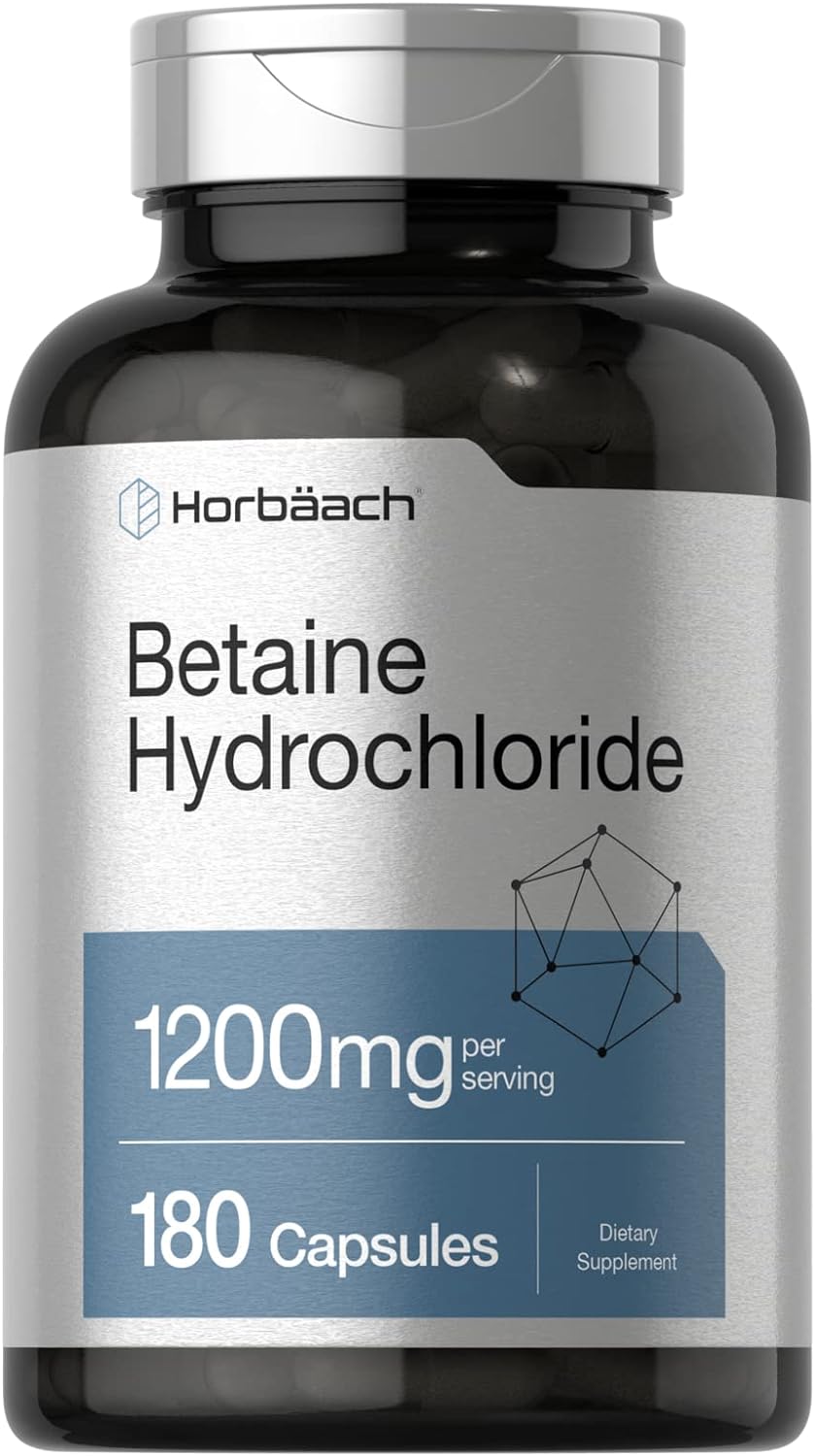 Horbaach Betaine HCl 1200mg | 180 Capsules | Betaine Hydrochloride Supplement | Non-GMO, Gluten Free