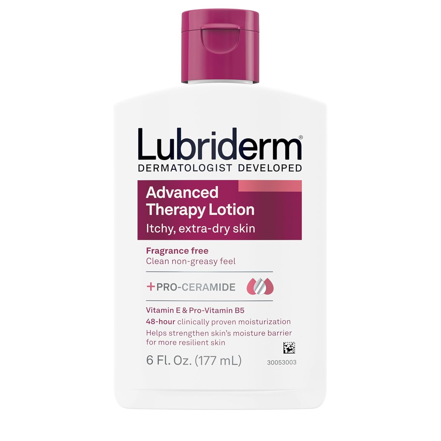 Lubriderm Advanced Therapy Fragrance-Free Moisturizing Hand & Body Lotion + Pro-Ceramide, Intense Hydration For Itchy, Extra Dry, & Sensitive Skin, Non-Greasy, Hypoallergenic, 6 Fl. Oz