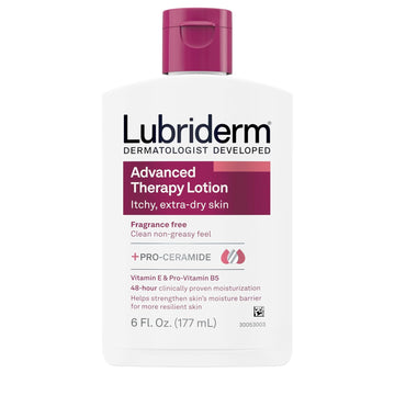Lubriderm Advanced Therapy Fragrance-Free Moisturizing Hand & Body Lotion + Pro-Ceramide, Intense Hydration For Itchy, Extra Dry, & Sensitive Skin, Non-Greasy, Hypoallergenic, 6 Fl. Oz