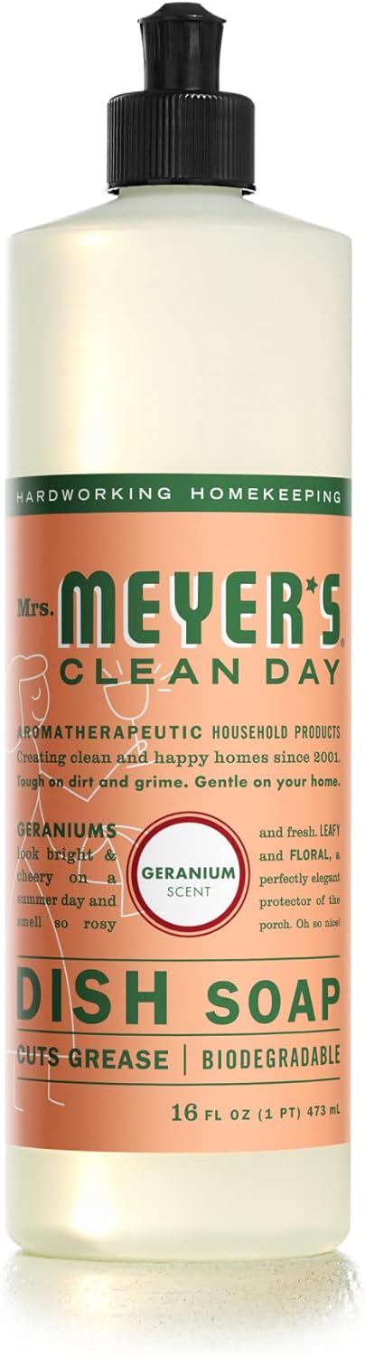 MRS. MEYER'S CLEAN DAY Liquid Dish Soap, Biodegradable Formula, Geranium, 16 Fl. Oz