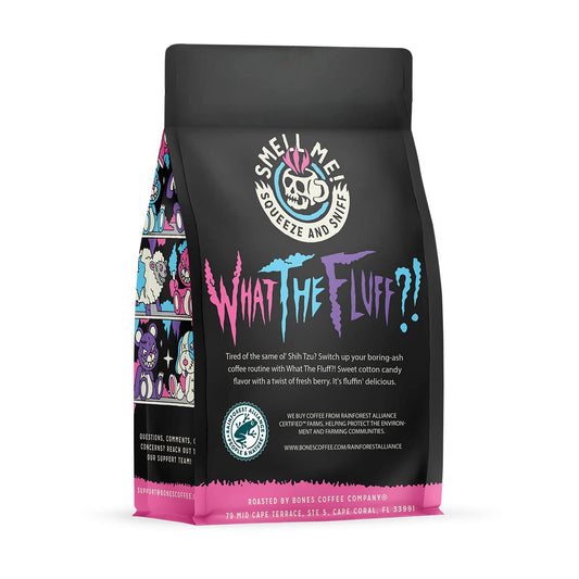 Bones Coffee Company What the Fluff?! Berry Cotton Candy Ground Coffee Beans | 12 oz Medium Roast Low Acid Coffee | Flavored Coffee Gifts & Gourmet Coffee Beverages (Ground)