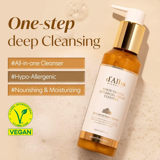 d’Alba Italian White Truffle Return Oil Cream Cleanser, Vegan Skincare, Easy One Step Cleanser for Sebum & Makeup Removal, Hydrating Cleanser, for Sensitive Skin