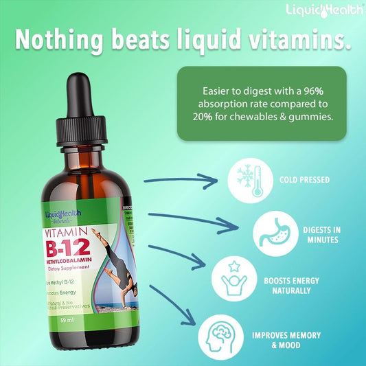 Liquidhealth Vitamin B12 Methylcobalamin Liquid Drops With Sublingual Hydroxocobalamin - Boost Energy, Support Immune System, Improve Memory & Concentration - Made In The Usa, Vegan, Non-Gmo (2 Oz)