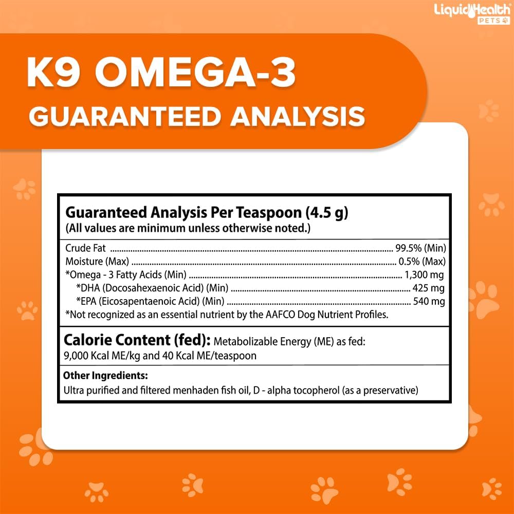 Liquid Health Pets K9 Omega 3 Fish Oil for Dogs - Liquid Omega 3 for Dogs with EPA + DPA + DHA, Dog Shedding Suplement May Reduce Itching and Support Joint, Immunity, Brain & Heart Health (16 Oz) : Pet Supplies