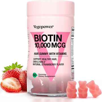 Biotin 10000Mcg Hair Growth Gummies - Vegan Biotin Supplement Supports Healthy Hair, Skin And Nails, Non-Gmo Hair Vitamin Gummy For Women Men Strawberry 60 Bears
