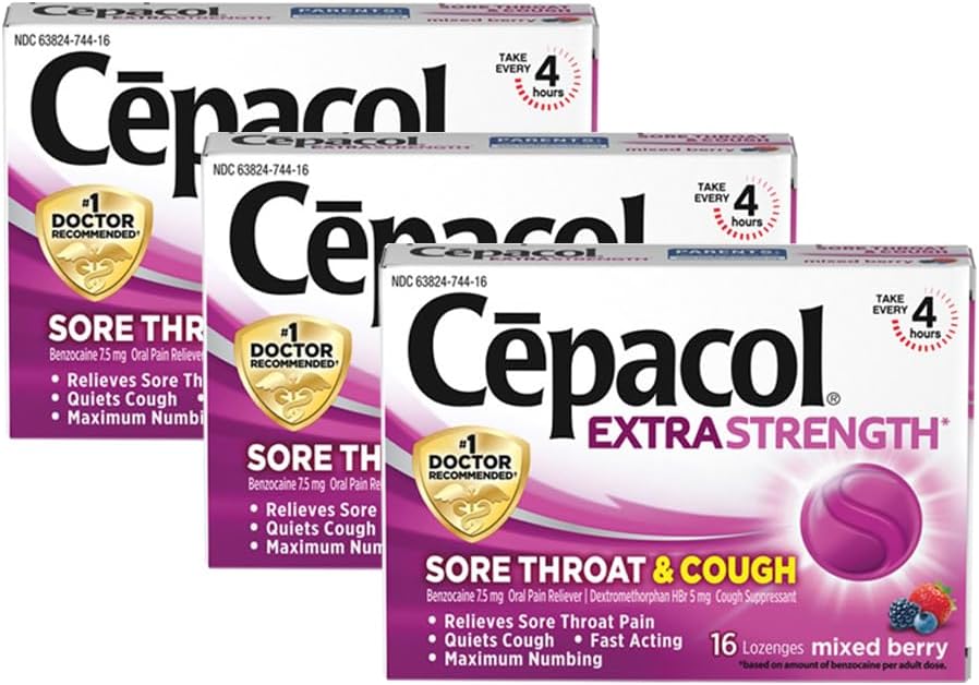 Cepacol Extra Strength Sore Throat & Cough Drop Lozenges, Mixed Berry 48Ct (3X16Ct)