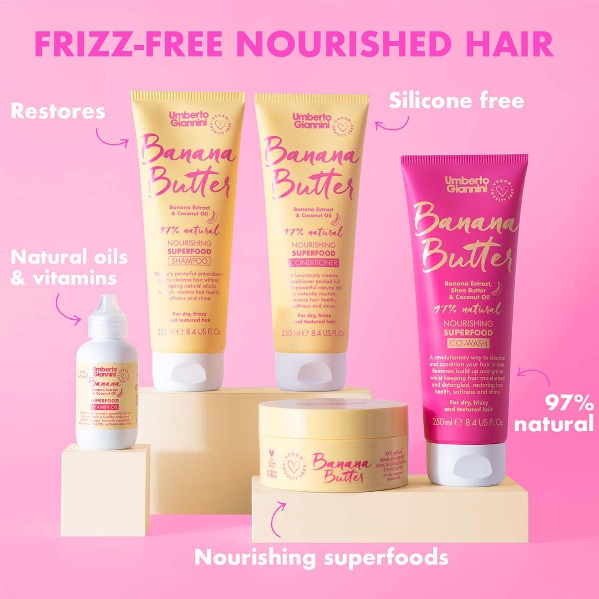Umberto Giannini Banana Butter Nourishing Superfood Shampoo & Conditioner Set, Vegan & Cruelty Free Moisturising Formula for Dry, Textured or Frizzy Hair : Amazon.co.uk: Beauty