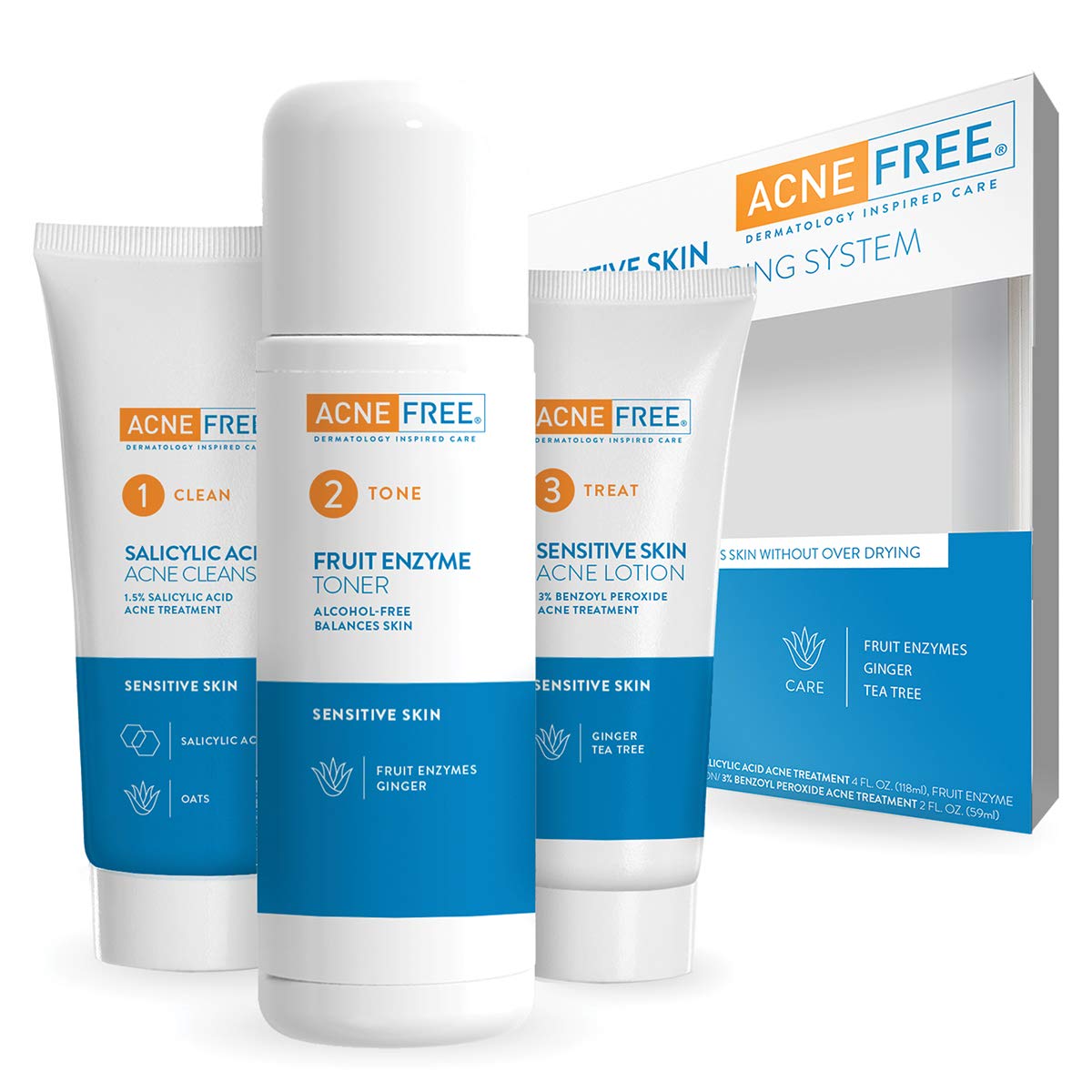 Acne Free 3-Step Acne Treatment Kit With Salicylic Acid Face Wash, Alcohol-Free Toner, & Benzoyl Peroxide Lotion For Sensitive Skin And Fighting Breakouts, 24 Hour Face Clearing System