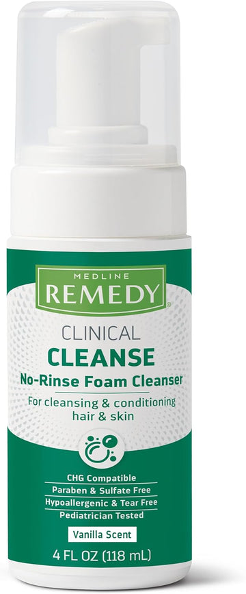 Medline Remedy Clinical No-Rinse Foam Cleanser, Vanilla Scent (4 Fl Oz), 24 Count, No Rinse Shampoo And Body Cleanser For Sensitive Skin, Paraben And Sulfate Free, For Face, Body, And Hair, All Ages