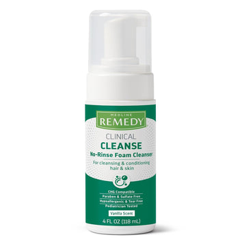 Medline Remedy Clinical No-Rinse Foam Cleanser, Vanilla Scent (4 fl oz), No Rinse Shampoo and Body Cleanser for Sensitive Skin, Hydrating, Paraben and Sulfate Free, For Face, Body, and Hair, All Ages