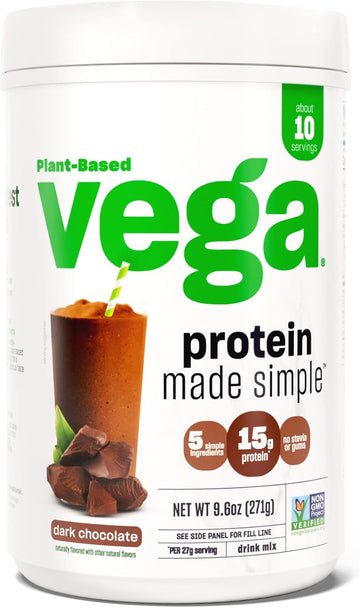 Vega Protein Made Simple, Dark Chocolate - Stevia Free Vegan Protein Powder, Plant Based, Healthy, Gluten Free, Pea Protein For Women And Men, 9.6 Oz (Packaging May Vary)