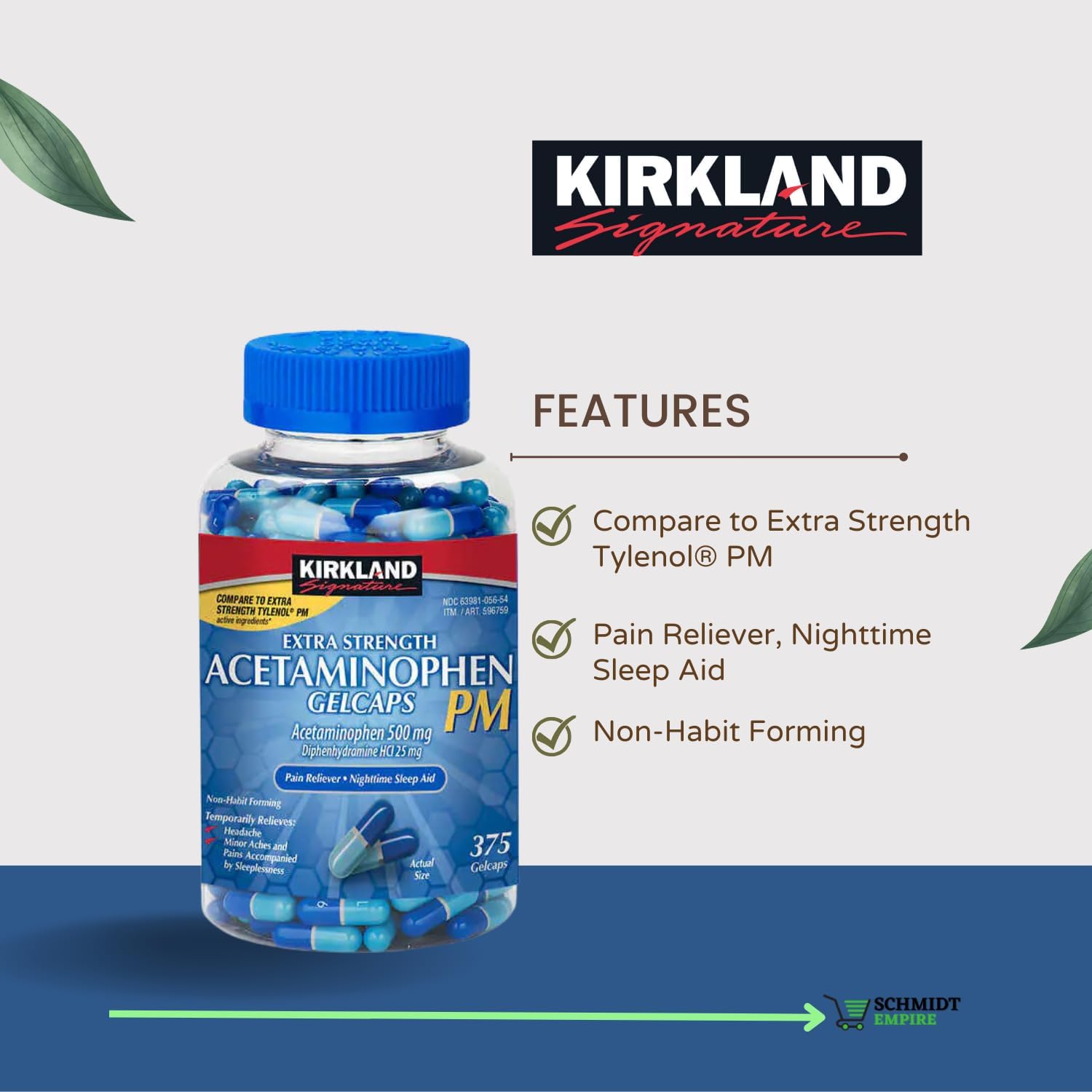 Kirkland Signature Acetaminophen PM 500 mg - Extra Strength Rapid Release (Compare to Extra Strength Tylenol PM Active Ingredients) 375 Ct + 1 Card Protector SchmiidtEmpire + Sticker (Pack of 1) : Health & Household