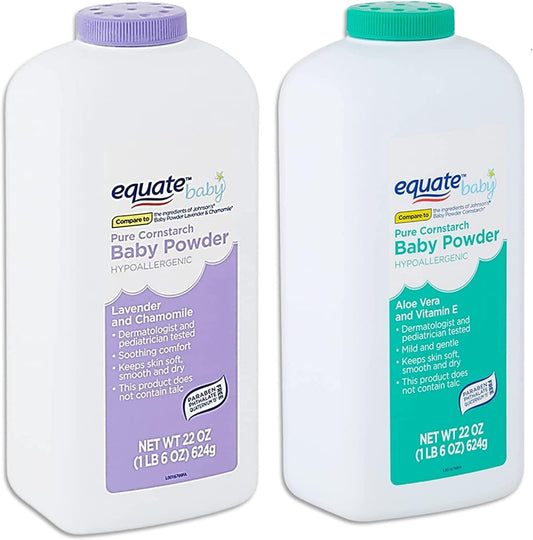 Pure Cornstarch Baby Powder Bundle. Includes One 22oz Equate Lavender/Chamomile Baby Powder, One 22oz Equate Aloe Vera/Vitamin E Baby Powder
