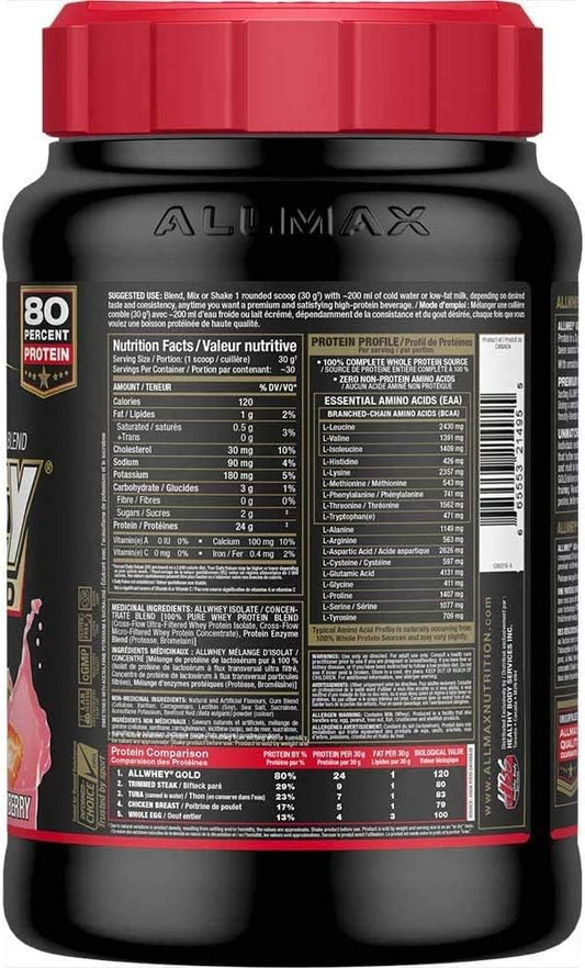 Allmax Nutrition Gold Allwhey, Strawberry - 2 Lb - 24 Grams Of Protein Per Scoop - Gluten Free, Low Carb & Low Sugar - Approx. 30 Servings