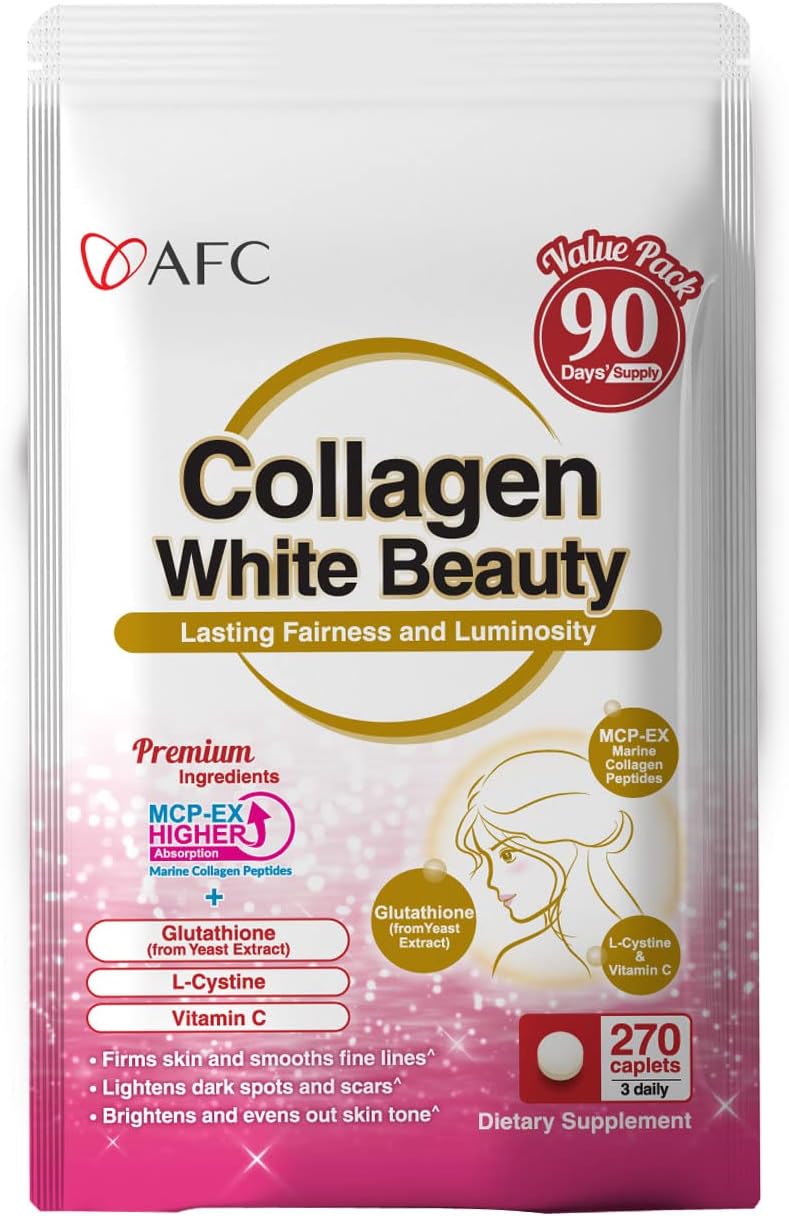 Afc Japan Collagen White Beauty With Marine Collagen Peptide, Glutathione, L-Cystine - 1.5X Better Absorption Than Other Collagen – Supports Skin Firmness & Radiance– 90 Days Supply