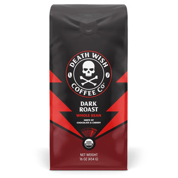 Death Wish Coffee, Organic And Fair Trade Dark Roast Whole Bean Coffee, 16 Oz