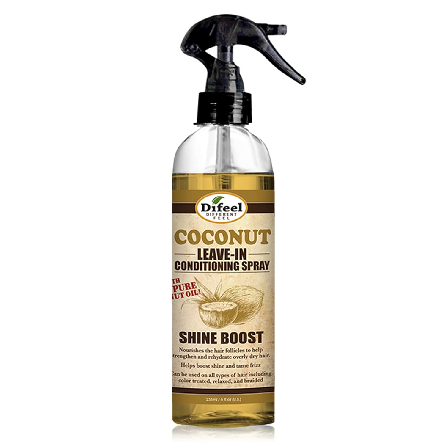 Difeel Shine Boost Leave in Conditioning Treatment - 100% Pure Coconut Oil 6 oz. with Spray Cap & Dispensing Cap : Beauty & Personal Care