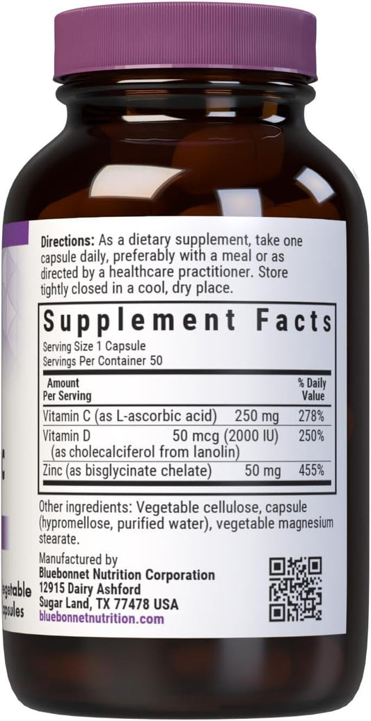 Bluebonnet Nutrition Vitamin C, D3 & Zinc, For Immune Health And Respiratory Function*, Soy-Free, Gluten-Free, Non-Gmo, Kosher Certified, Dairy-Free, 100 Vegetable Capsules, 100 Servings