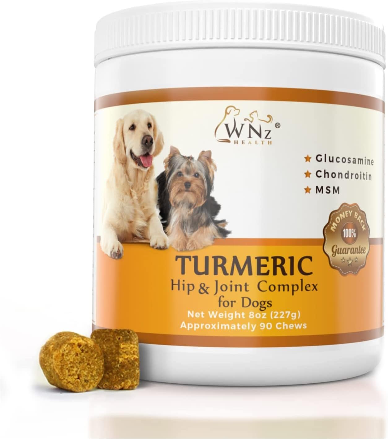 Turmeric Hip and Joint Chews for Dogs, Dog Chews for Mobility Support, Cartilage Health & Dog Joint Pain Relief, Anti-Inflammatory MSM, Glucosamine and Chondroitin for Dogs, 90 Chews, 8 Oz