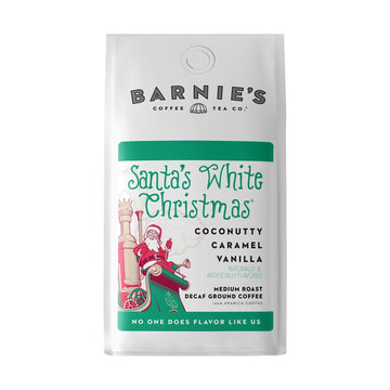 BARNIE'S COFFEE TEA CO. Ground with Coconut Sweet Caramel and Warm Vanilla Flavors, Medium Roasted Arabica Beans, Santa's White Christmas Decaf, Bag (54250)