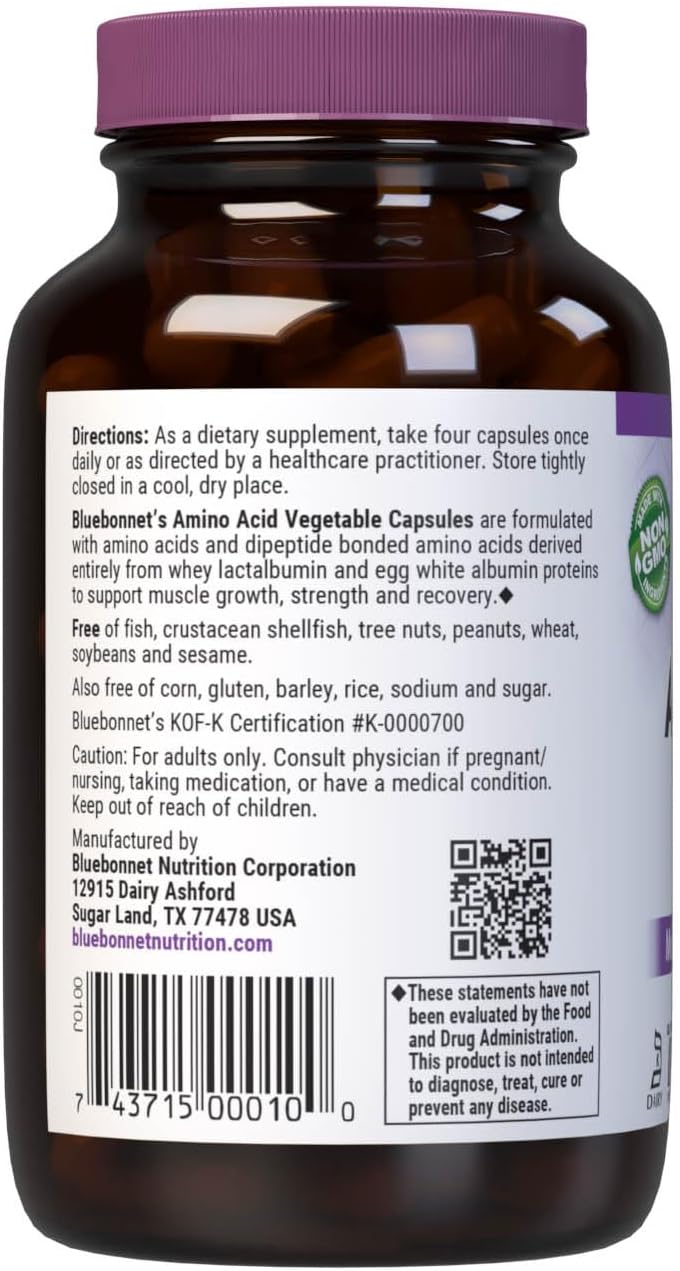 Bluebonnet Nutrition Amino Acid 750Mg, High Potency, For Muscle Health*, Soy-Free, Gluten-Free, Non-Gmo, Kosher Dairy, White 60 Vegetable Capsules, 15 Servings : Health & Household